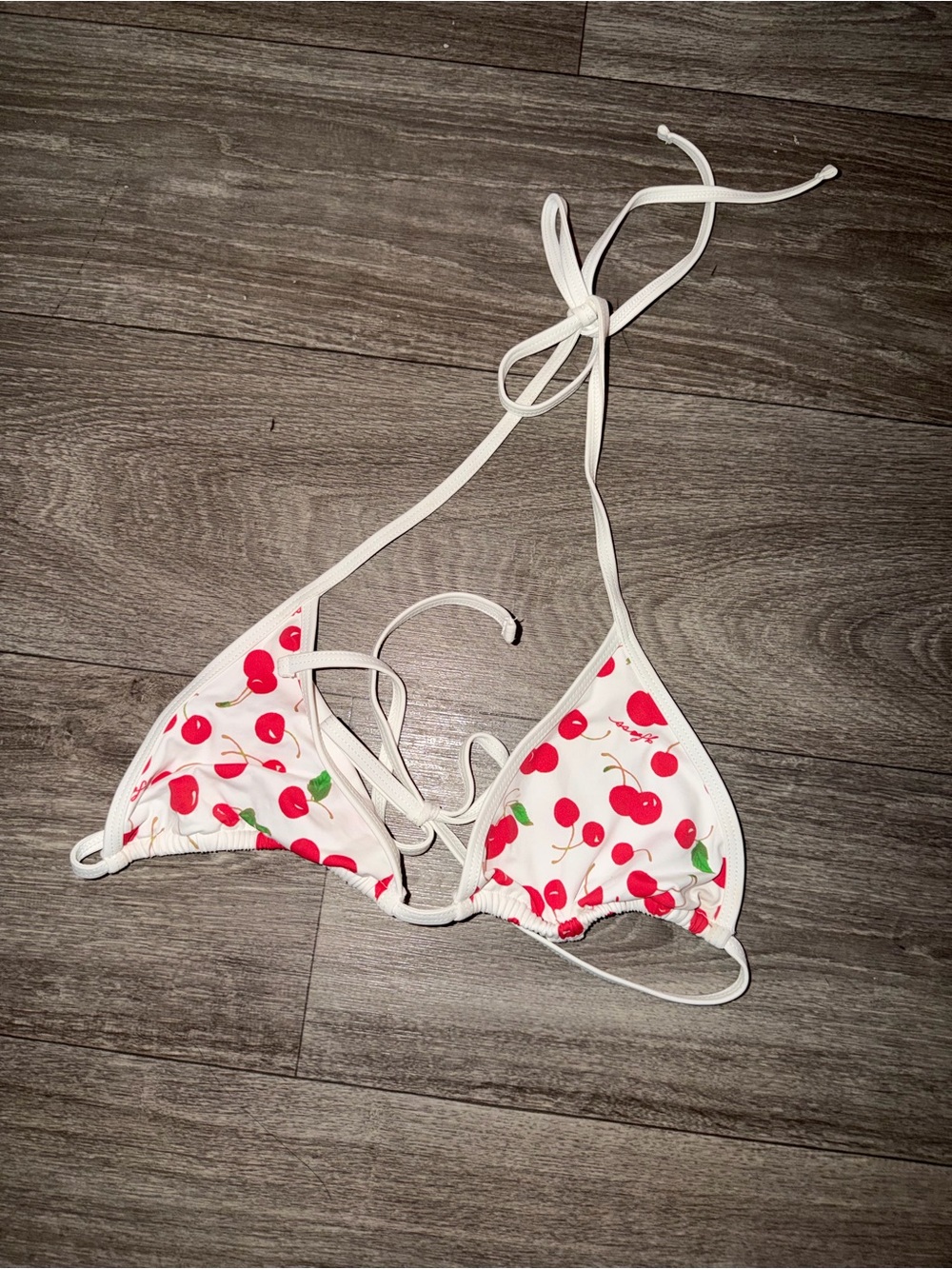 Frankie's Bikinis x Sabrina Carpenter White Triangle Swim Top with Red Accent